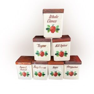 Vintage Strawberry Spice Jar Set Ceramic Wood Lids Cottagecore Kitchen Decor 7pc